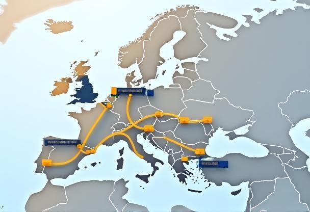 Map of Europe with stylized logistics routes and modern vehicles.